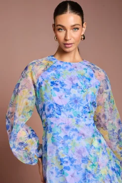 Robe Mi-Longue en Organza à Taille Portefeuille et Manches Bouffantes