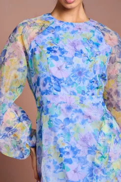Robe Mi-Longue en Organza à Taille Portefeuille et Manches Bouffantes