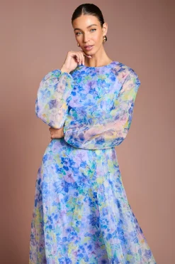 Robe Mi-Longue en Organza à Taille Portefeuille et Manches Bouffantes