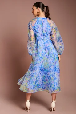 Robe Mi-Longue en Organza à Taille Portefeuille et Manches Bouffantes