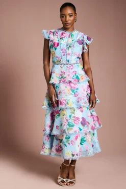 Robe Mi-longue en Organza à Volants avec Bordure en Dentelle