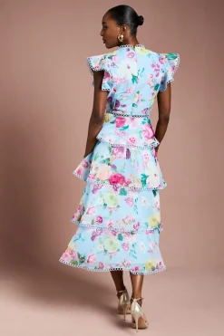 Robe Mi-longue en Organza à Volants avec Bordure en Dentelle