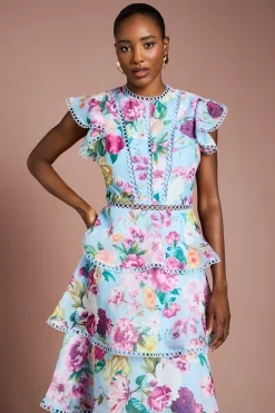 Robe Mi-longue en Organza à Volants avec Bordure en Dentelle