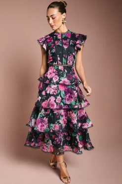 Robe Mi-Longue en Organza à Volants avec Finitions en Dentelle