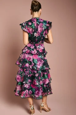 Robe Mi-Longue en Organza à Volants avec Finitions en Dentelle