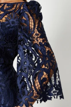 Robe Mi-Longue en Satin Dentelle à Col Bateau avec Manches Évasées