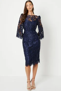 Robe Mi-Longue en Satin Dentelle à Col Bateau avec Manches Évasées