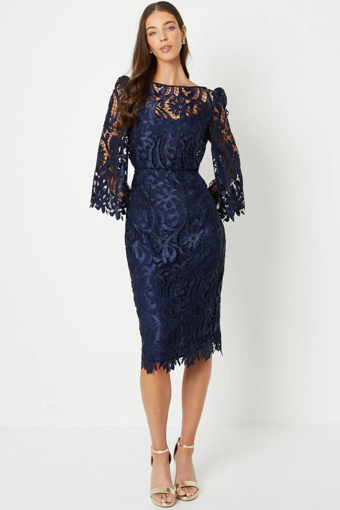 Robe Mi-Longue en Satin Dentelle à Col Bateau avec Manches Évasées