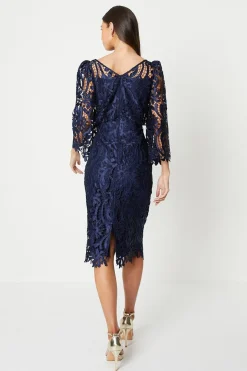 Robe Mi-Longue en Satin Dentelle à Col Bateau avec Manches Évasées
