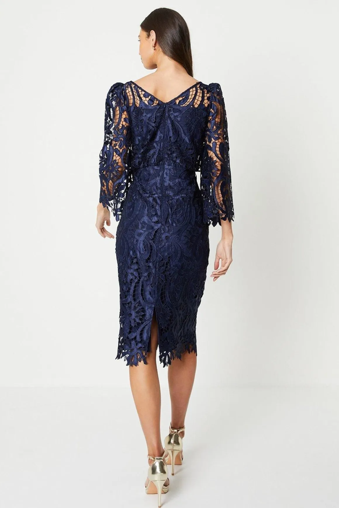 Robe Mi-Longue en Satin Dentelle à Col Bateau avec Manches Évasées