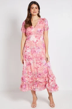 Robe Mi-longue En Satin Fleuri À Ourlet Volant