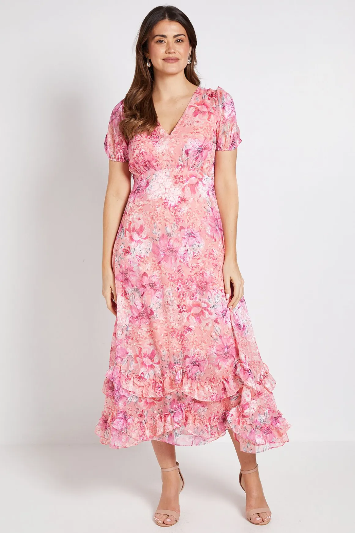 Robe Mi-longue En Satin Fleuri À Ourlet Volant