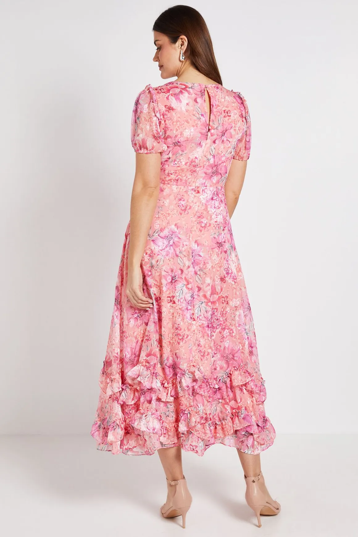 Robe Mi-longue En Satin Fleuri À Ourlet Volant