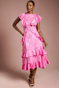 Coast Robe Mi-Longue en Satin Jacquard à Détails Volantés<Femme Robes Mi-Longues|Satin Et Dentelle