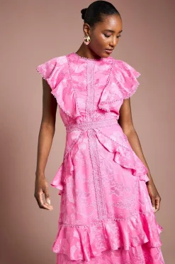 Coast Robe Mi-Longue en Satin Jacquard à Détails Volantés<Femme Robes Mi-Longues|Satin Et Dentelle