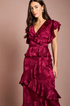 Robe Mi-longue En Satin Jacquard À Col V Et Volants