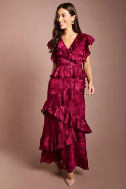 Robe Mi-longue En Satin Jacquard À Col V Et Volants