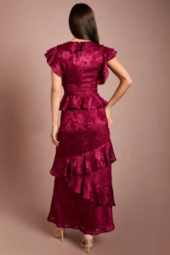 Robe Mi-longue En Satin Jacquard À Col V Et Volants