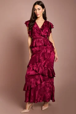 Robe Mi-longue En Satin Jacquard À Col V Et Volants