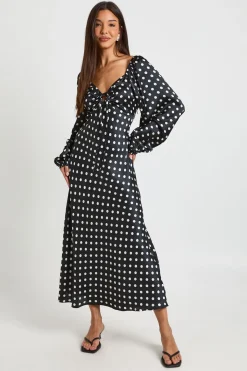 Robe Mi-longue En Satin À Manches Bouffantes À Pois