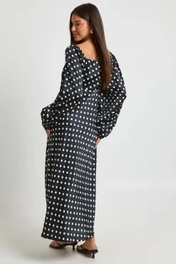 Robe Mi-longue En Satin À Manches Bouffantes À Pois