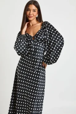 Robe Mi-longue En Satin À Manches Bouffantes À Pois
