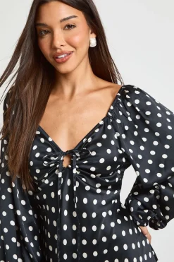 Robe Mi-longue En Satin À Manches Bouffantes À Pois