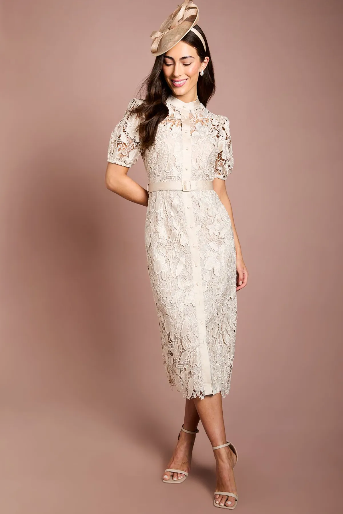 Coast Robe Mi-longue En Satin À Manches Bouffantes Et Dentelle<Femme Robes Mi-Longues|Satin Et Dentelle