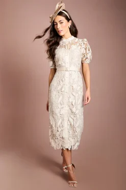 Coast Robe Mi-longue En Satin À Manches Bouffantes Et Dentelle<Femme Robes Mi-Longues|Satin Et Dentelle