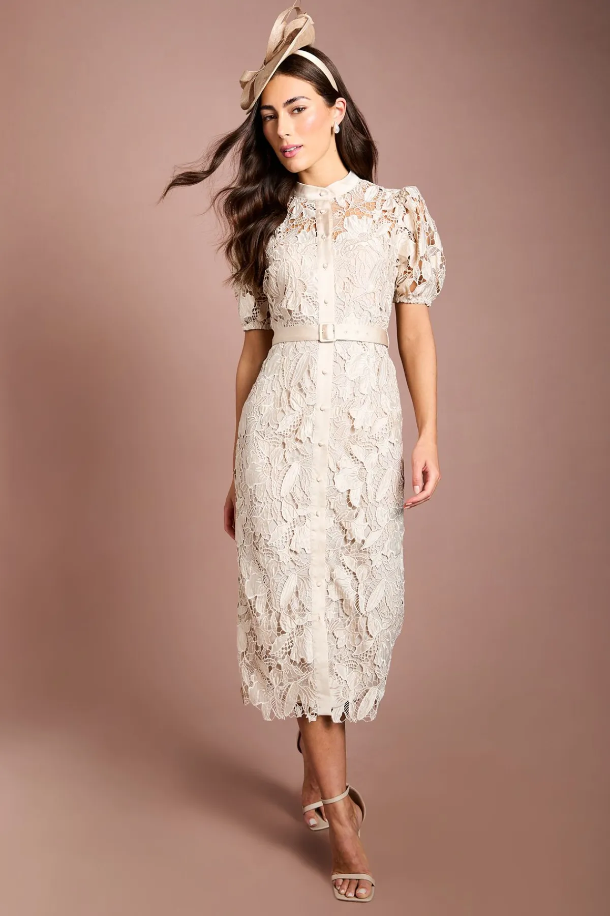 Coast Robe Mi-longue En Satin À Manches Bouffantes Et Dentelle<Femme Robes Mi-Longues|Satin Et Dentelle