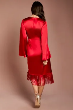 Robe Mi-Longue en Satin à Taille Portefeuille et Ourlet à Franges