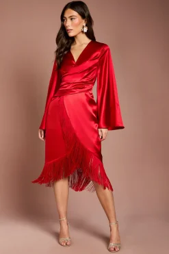 Robe Mi-Longue en Satin à Taille Portefeuille et Ourlet à Franges