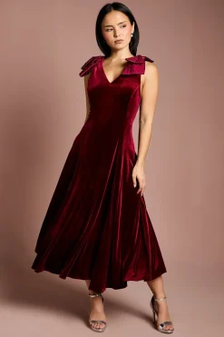 Robe Mi-Longue en Velours avec Nœud Hotfix à l'Épaule Petite Taille