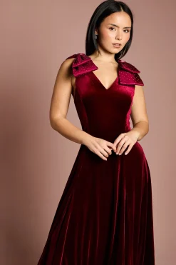 Robe Mi-Longue en Velours avec Nœud Hotfix à l'Épaule Petite Taille