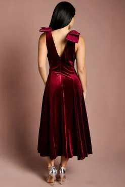 Robe Mi-Longue en Velours avec Nœud Hotfix à l'Épaule Petite Taille