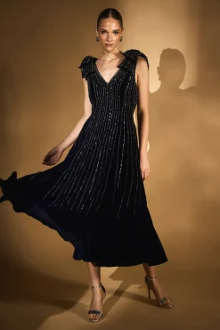 Robe Mi-Longue en Velours avec Nœuds Ornementaux