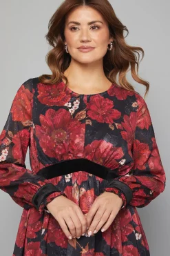 Robe Mi-Longue en Velours à Contraste Floral