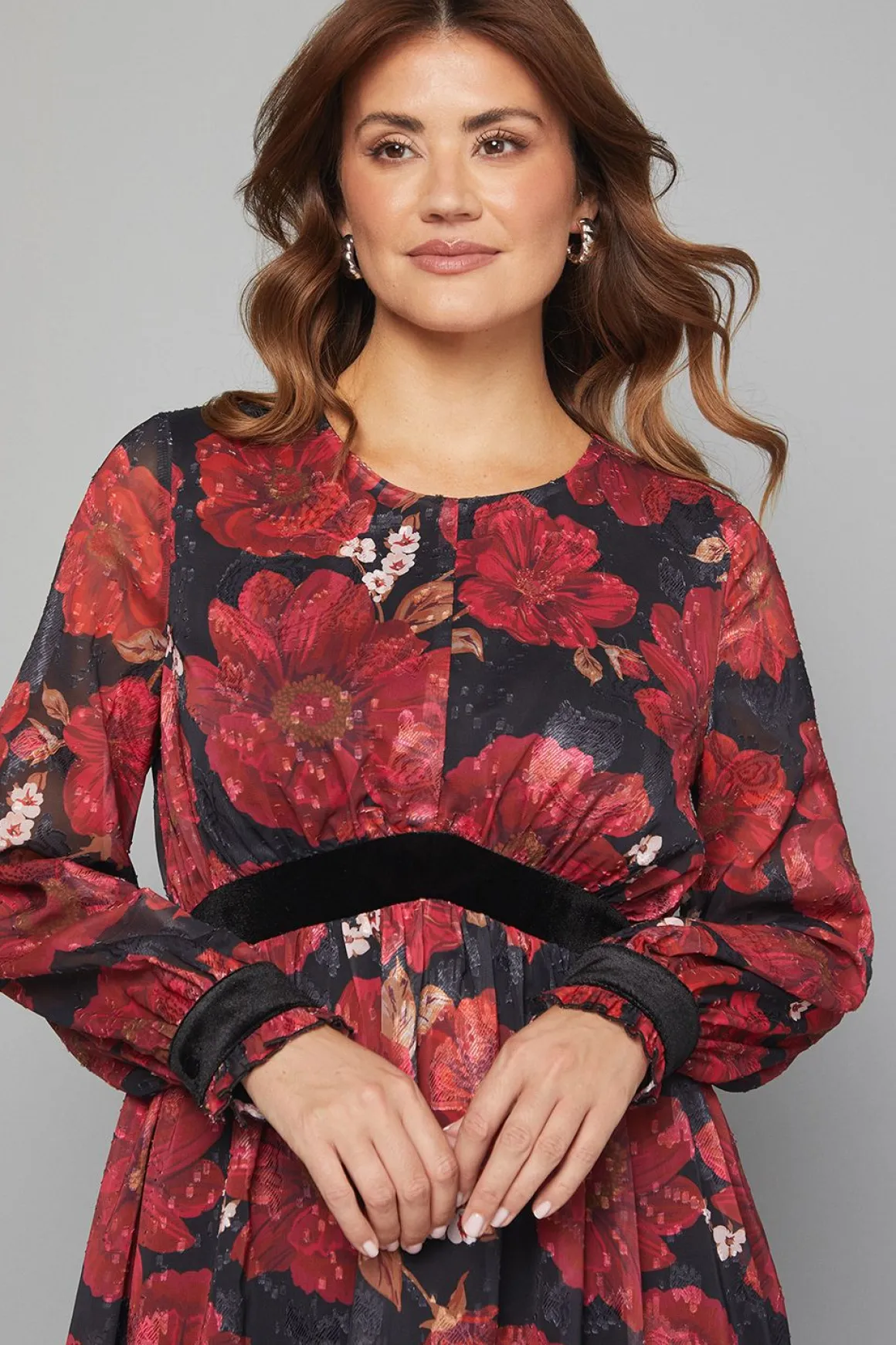 Robe Mi-Longue en Velours à Contraste Floral