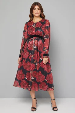 Robe Mi-Longue en Velours à Contraste Floral