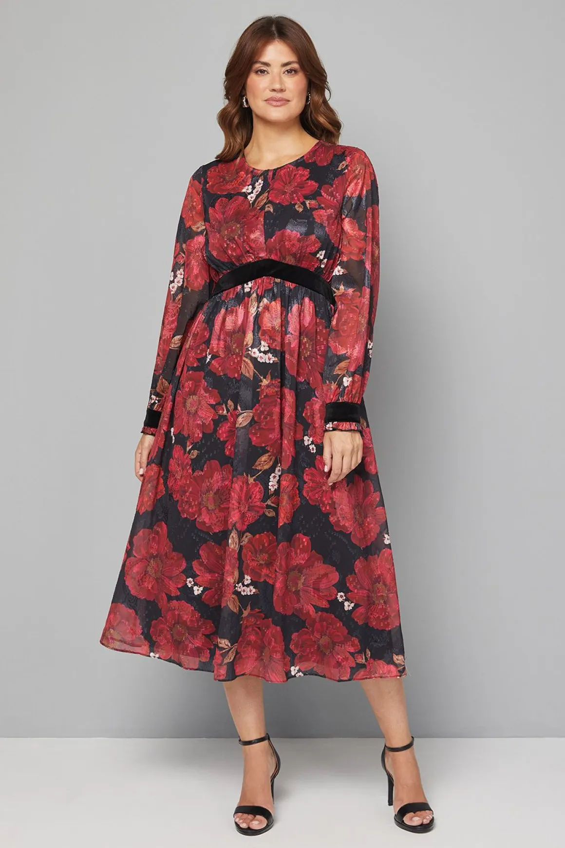 Robe Mi-Longue en Velours à Contraste Floral