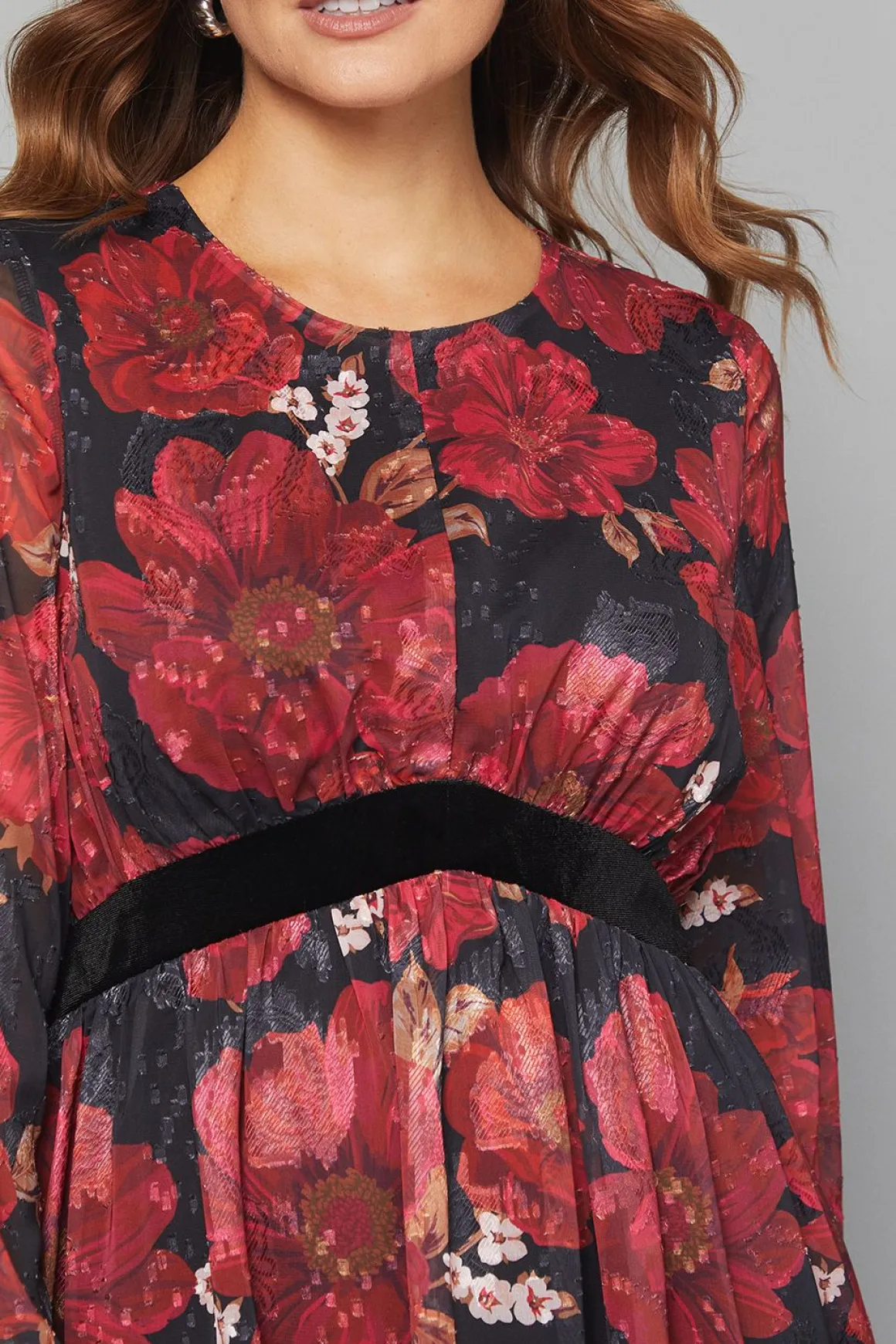 Robe Mi-Longue en Velours à Contraste Floral