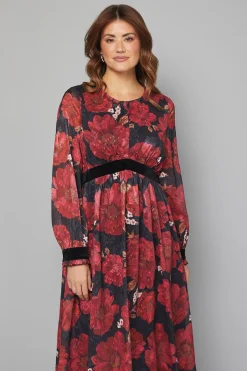 Robe Mi-Longue en Velours à Contraste Floral