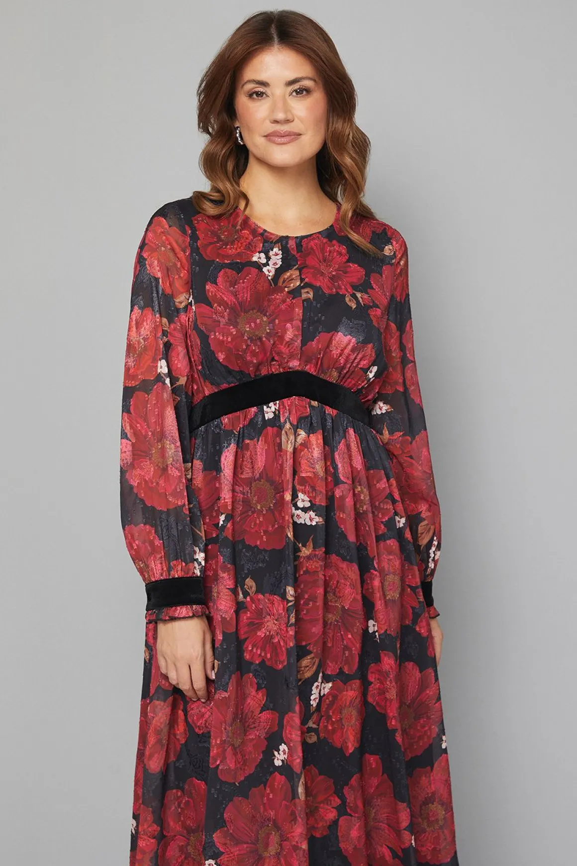 Robe Mi-Longue en Velours à Contraste Floral