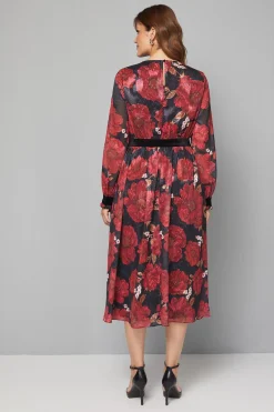 Robe Mi-Longue en Velours à Contraste Floral