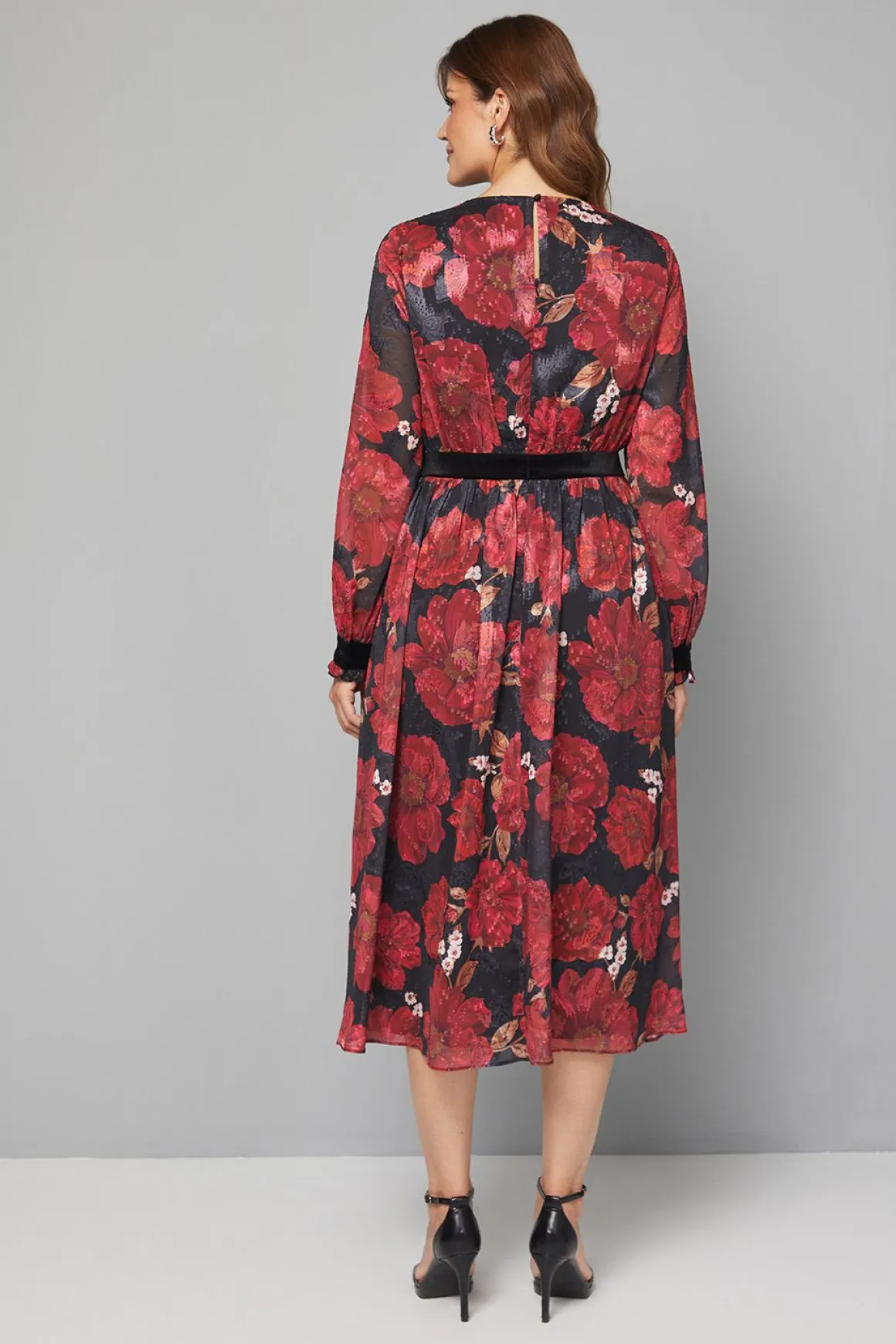 Robe Mi-Longue en Velours à Contraste Floral