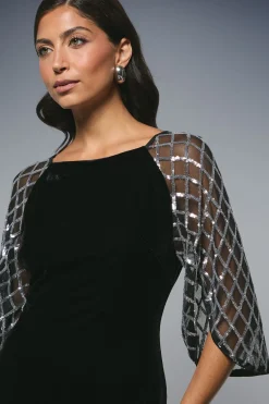Wallis Robe Mi-Longue en Velours à Encolure Carrée et Manches à Sequins<Femme Robes Mi-Longues|Robes À Manches Longues
