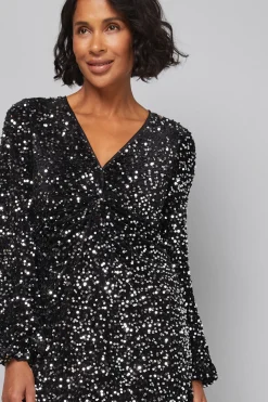 Robe Mi-Longue en Velours à Sequins avec Détail Torsadé