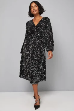 Robe Mi-Longue en Velours à Sequins avec Détail Torsadé
