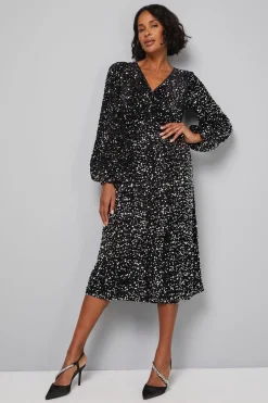 Robe Mi-Longue en Velours à Sequins avec Détail Torsadé