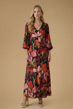 Oasis Robe Mi-longue En Viscose Imprimée À Manches Volumineuses<Femme Toutes Les Robes|Robes À Manches Longues